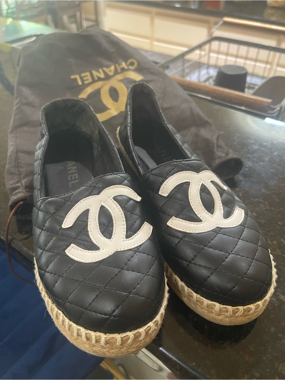 CHANEL Black Quilted Leather Espadrilles with White CC Logo